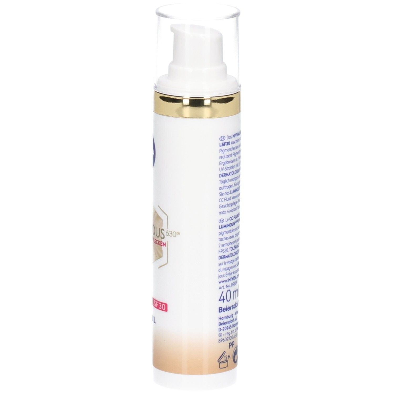 Flasche mit Text. NIVEA Luminous630 CC Fluid LSF 30 Mittel. 40ml. Herstelleradresse. Goldener Ring.