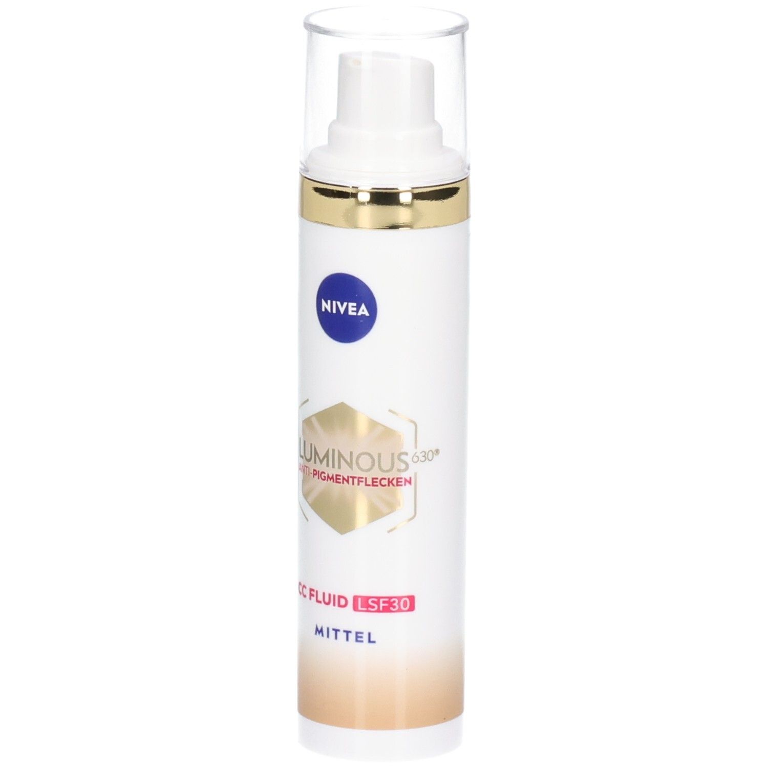 Weiße Flasche mit NIVEA-Logo und Produktbezeichnung. CC Fluid LSF 30 Mittel. Transparenter Deckel.