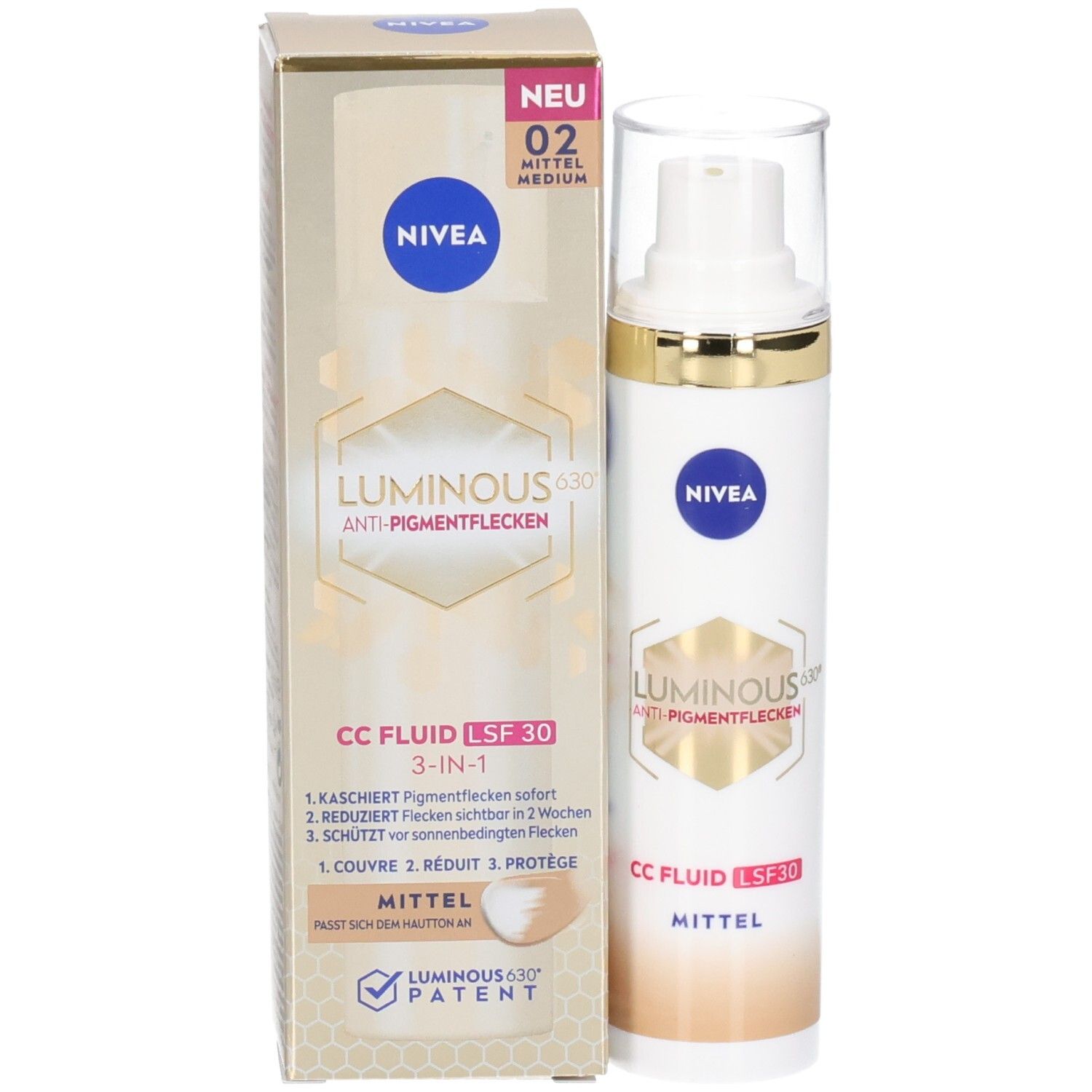Produkt und Verpackung. NIVEA Luminous630 Anti-Pigmentflecken CC Fluid LSF 30 Mittel. 3-in-1. Neu 02 Medium.