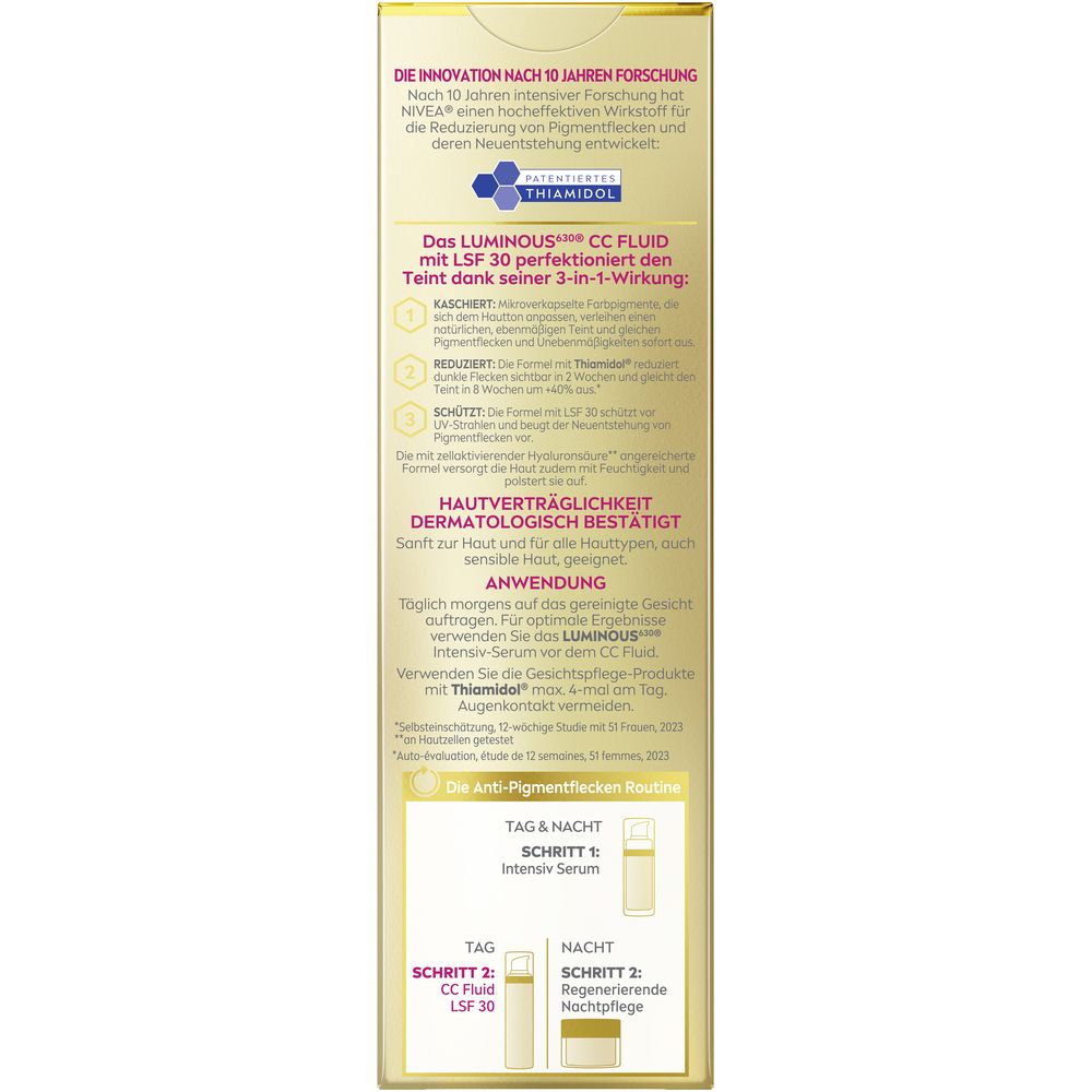 Rückseite der Faltschachtel von NIVEA Luminous630 CC Fluid LSF30 Mittel.