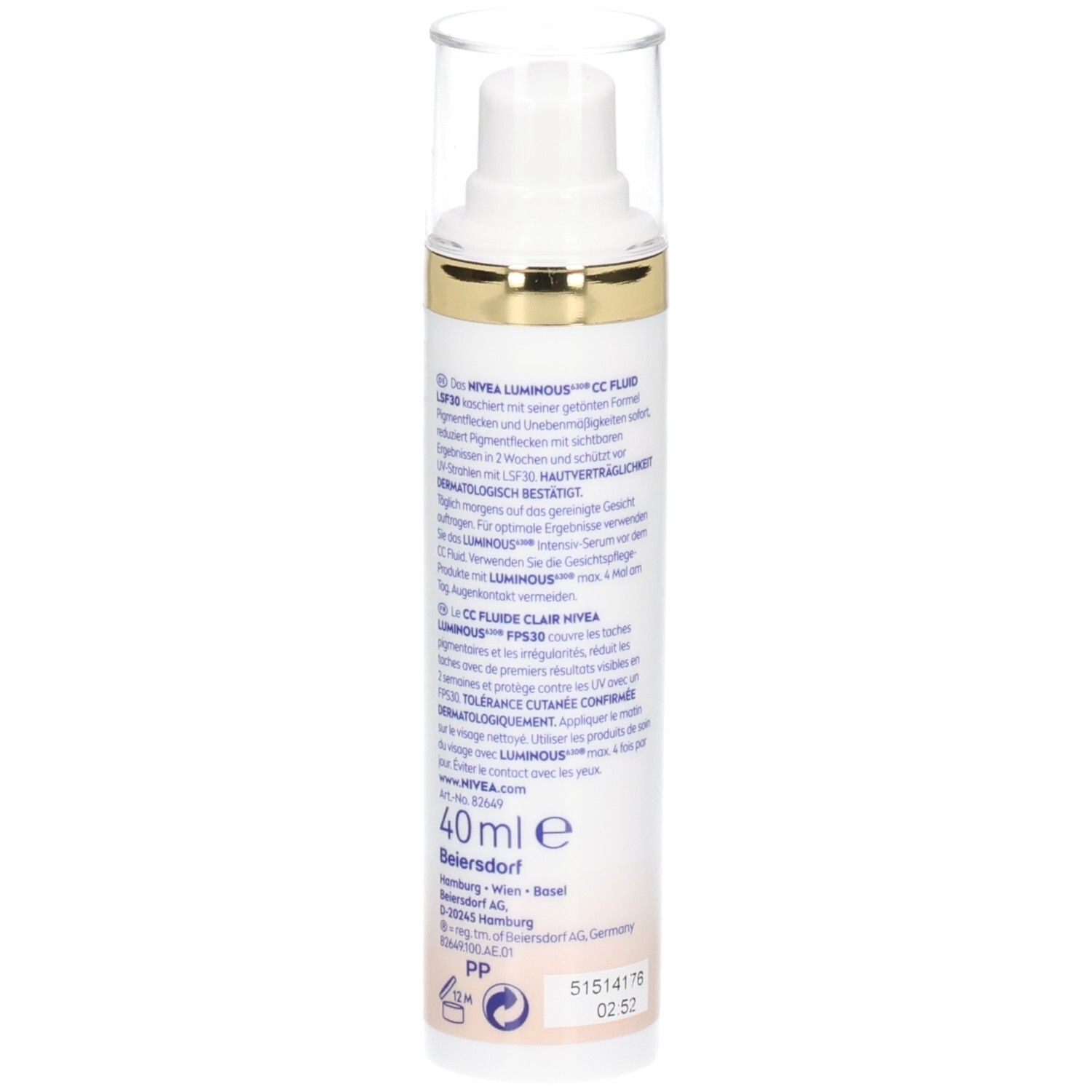 Flasche mit Produktinformationen. NIVEA Luminous 630 CC Fluid LSF 30. 40ml. Text in Deutsch und Französisch.