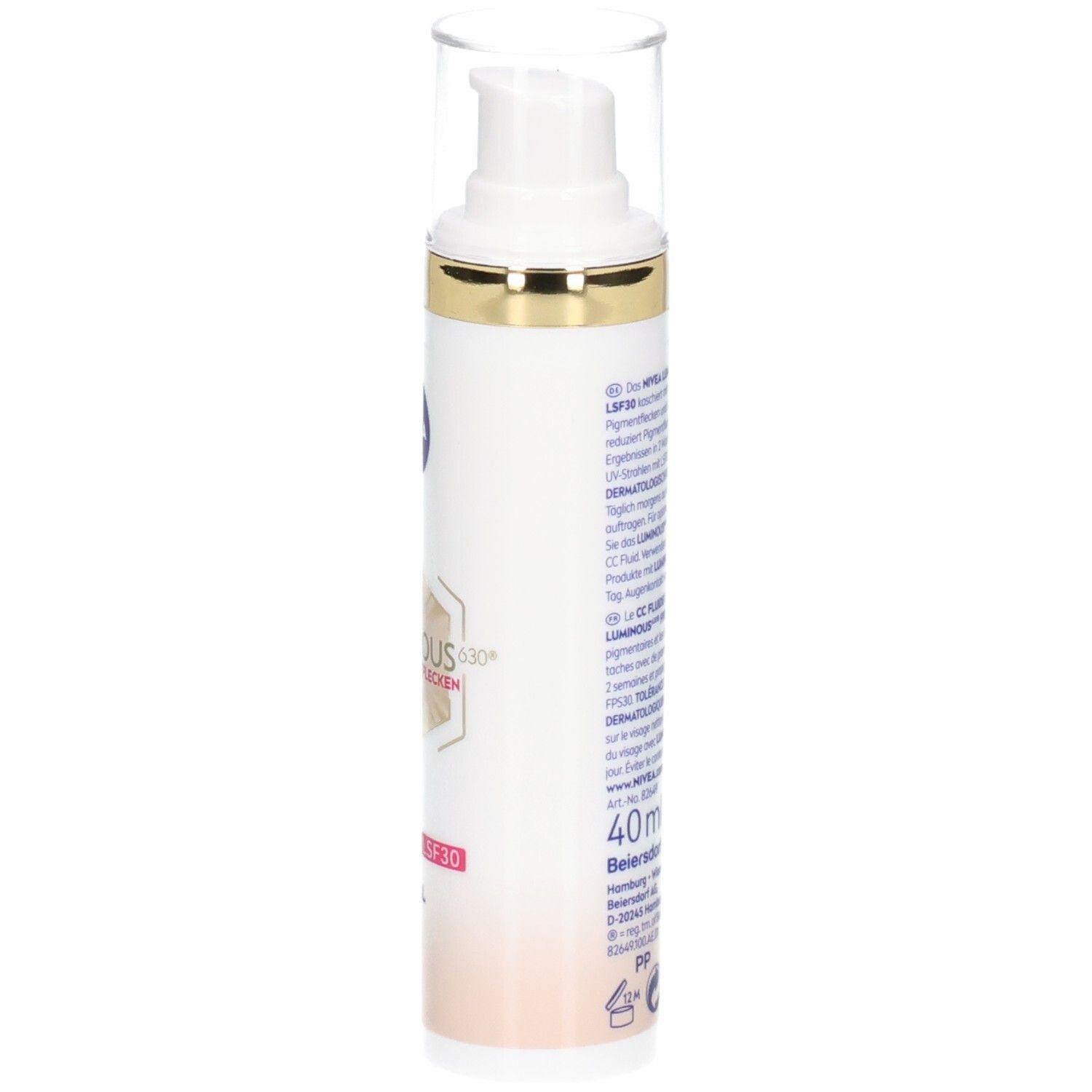 Flasche mit Produktinformationen. NIVEA Luminous 630 CC Fluid LSF 30. 40ml. Text in Deutsch und Französisch.