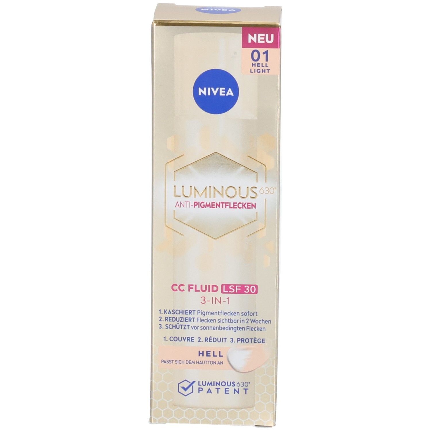 Goldene Verpackung mit Produktinformationen. NIVEA Luminous 630 CC Fluid LSF 30. 3-in-1. Hell.