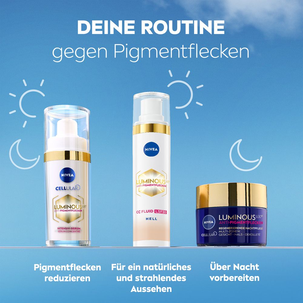 NIVEA Luminous 630 Routine gegen Pigmentflecken: Serum, CC Fluid, Nachtpflege.