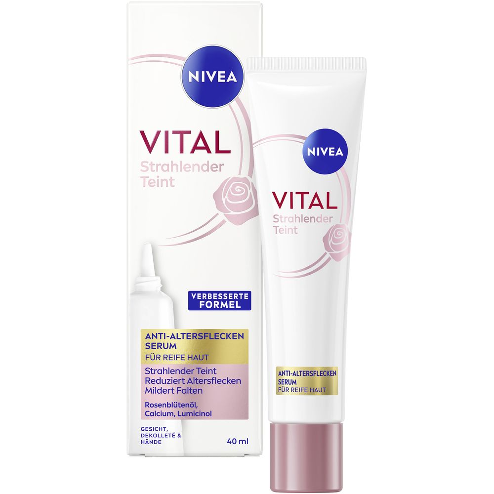 NIVEA VITAL Serum, Tube und Verpackung. Weiß, rosa und blau. Anti-Altersflecken Serum für reife Haut.