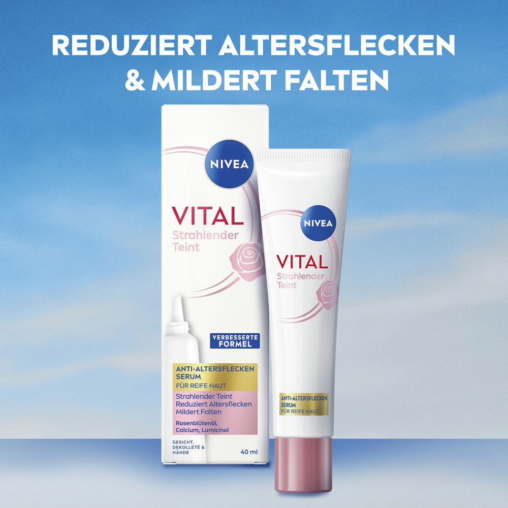 NIVEA VITAL Serum, Tube und Verpackung. Weiß, rosa und blau. Anti-Altersflecken Serum für reife Haut.