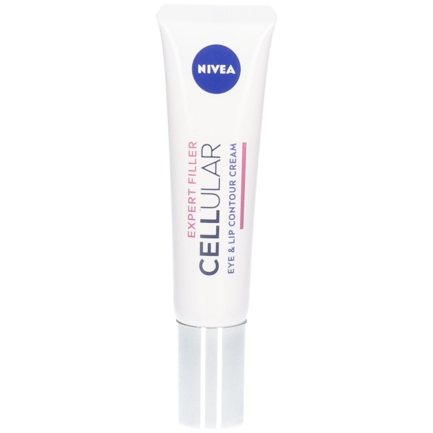 Weiße Tube mit silbernem Verschluss. Blauer NIVEA-Kreis. CELLULAR EXPERT FILLER, EYE & LIP CONTOUR CREAM.