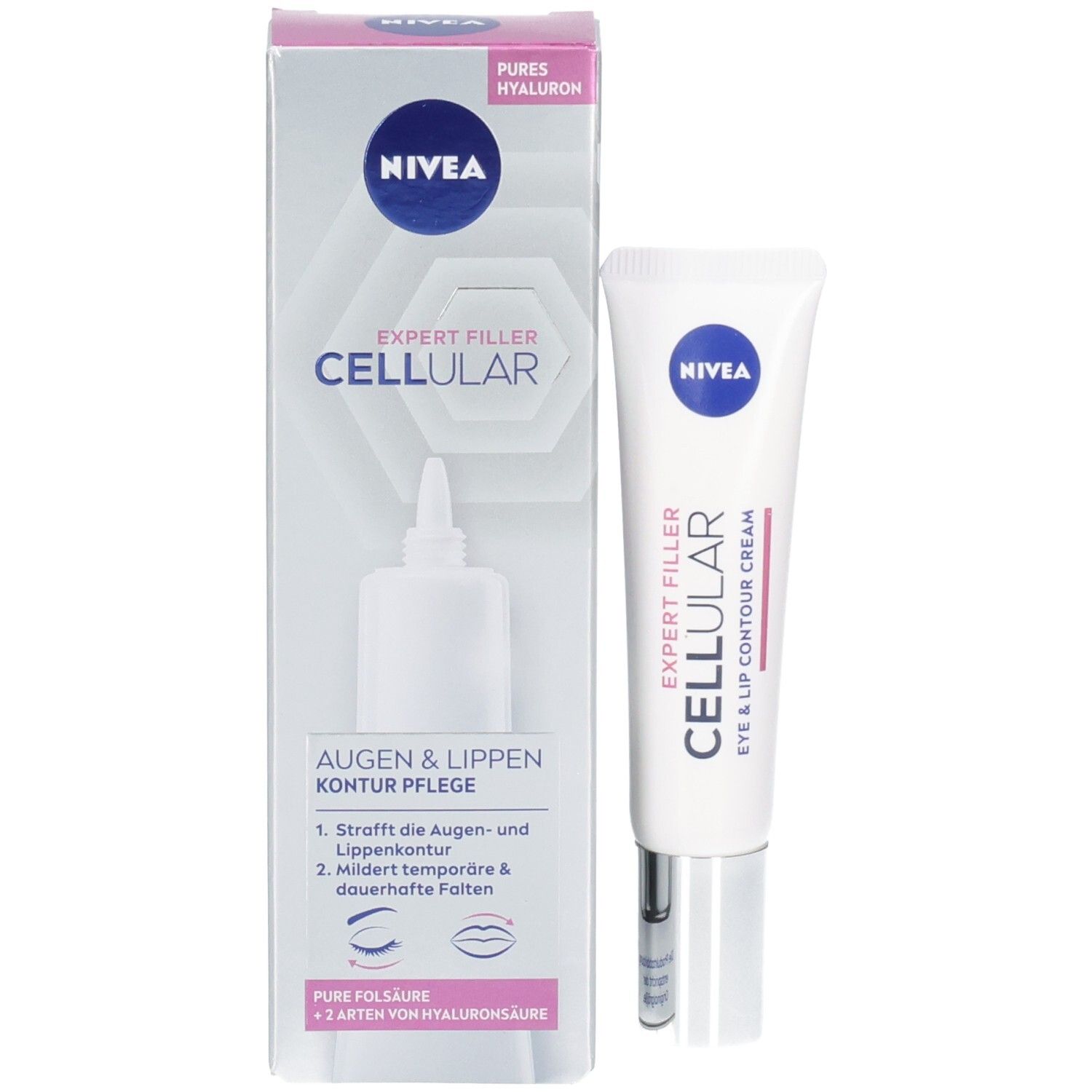 Produkt und Verpackung. Weiße Tube und Karton. NIVEA Logo. CELLULAR EXPERT FILLER. Augen & Lippen Kontur Pflege.