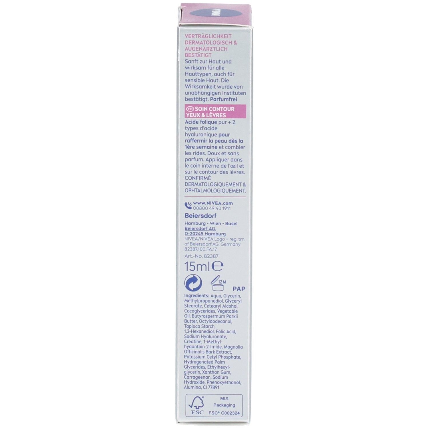 Rückseite der Kartonverpackung. Text mit Inhaltsstoffen und Anwendungshinweisen. 15ml. NIVEA Logo.