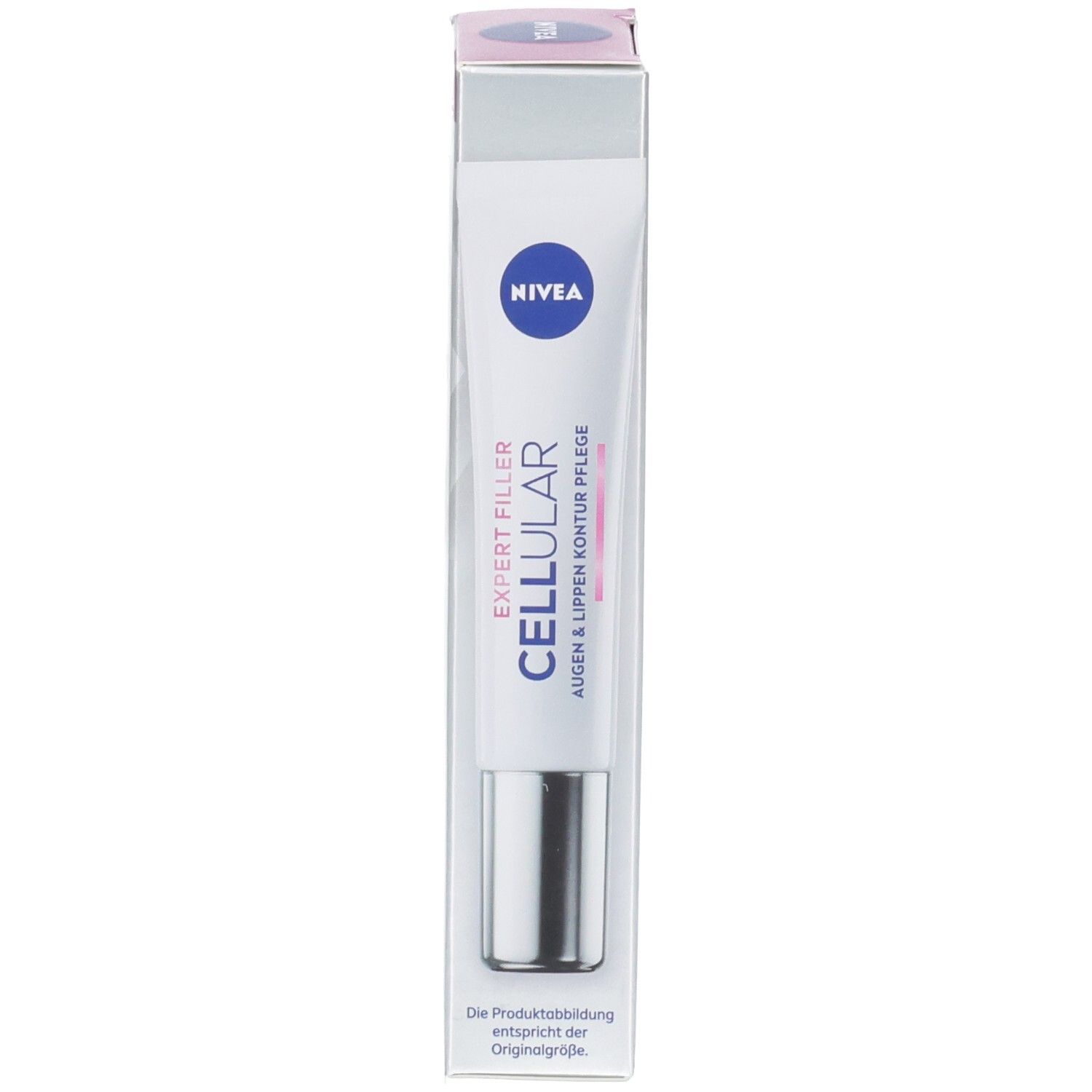 Produkt und Verpackung. Weiße Tube und Karton. NIVEA Logo. CELLULAR EXPERT FILLER. Augen & Lippen Kontur Pflege.