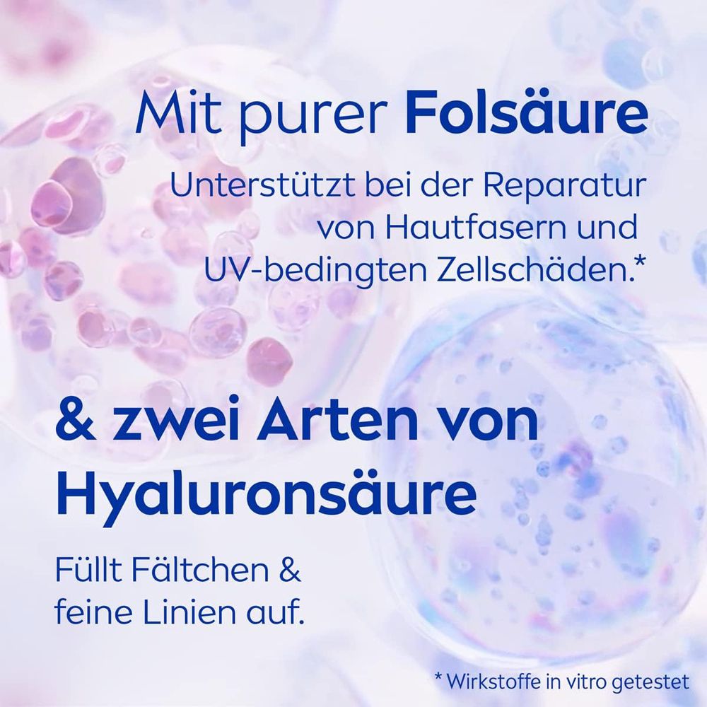 Darstellung von reiner Folsäure und zwei Arten von Hyaluronsäure in der NIVEA CELLULAR Pflege.