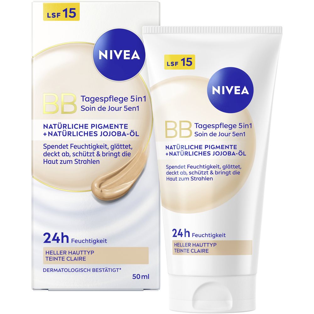 NIVEA BB Tagespflege 5in1, Tube und Verpackung. Helle Hauttyp. LSF 15. Enthält natürliche Pigmente und Jojoba-Öl.