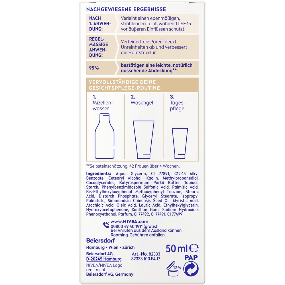Rückseite der NIVEA BB Tagespflege 5in1 Verpackung. Inhaltsstoffe, Anwendungshinweise und Herstellerinformationen.