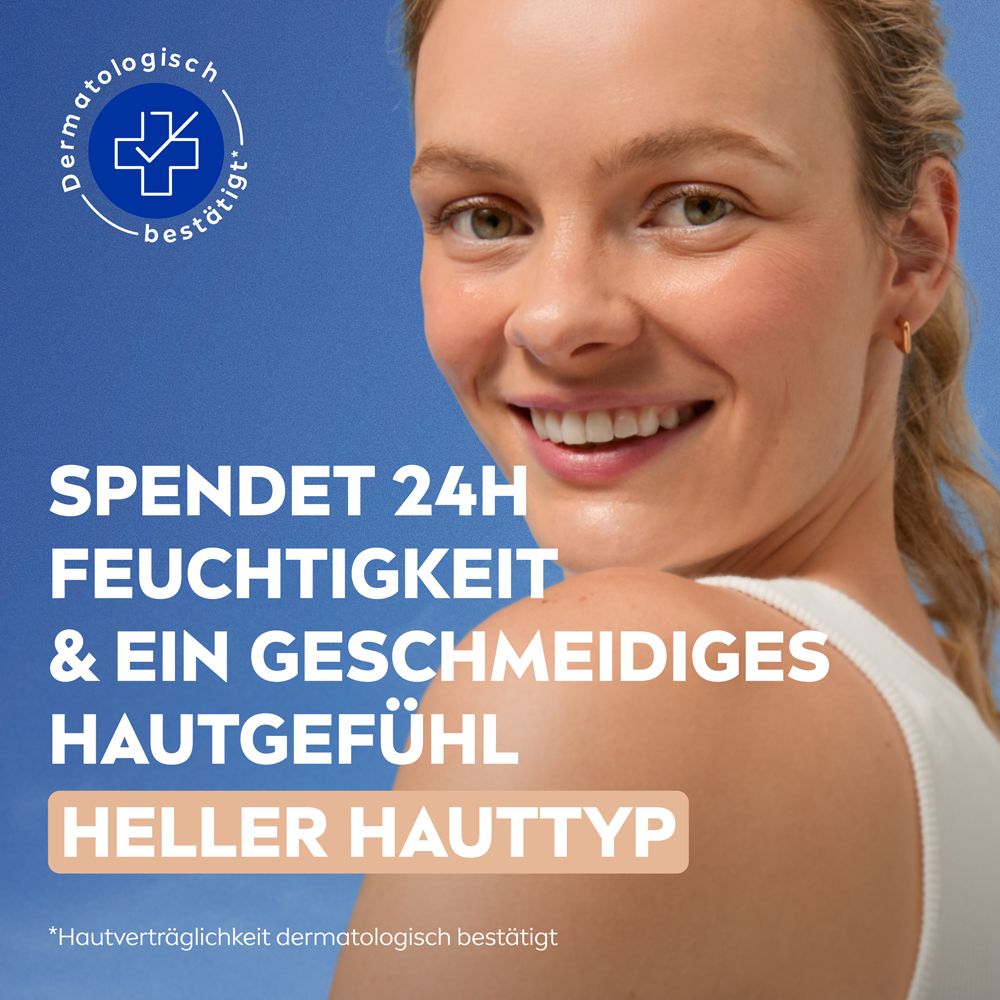 Frau mit strahlender Haut. Text: Spendet 24h Feuchtigkeit & ein geschmeidiges Hautgefühl. Heller Hauttyp.