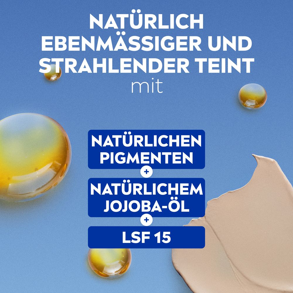 Text: Natürliche Pigmente + Jojoba-Öl. LSF 15. Für ebenmäßigen, strahlenden Teint.
