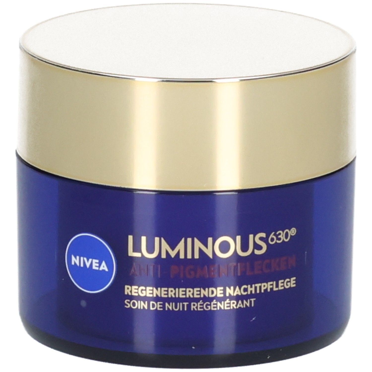 Blaue Creme-Dose mit goldenem Deckel. Aufschrift: NIVEA Luminous 630 Anti-Pigmentflecken Regenerierende Nachtpflege.