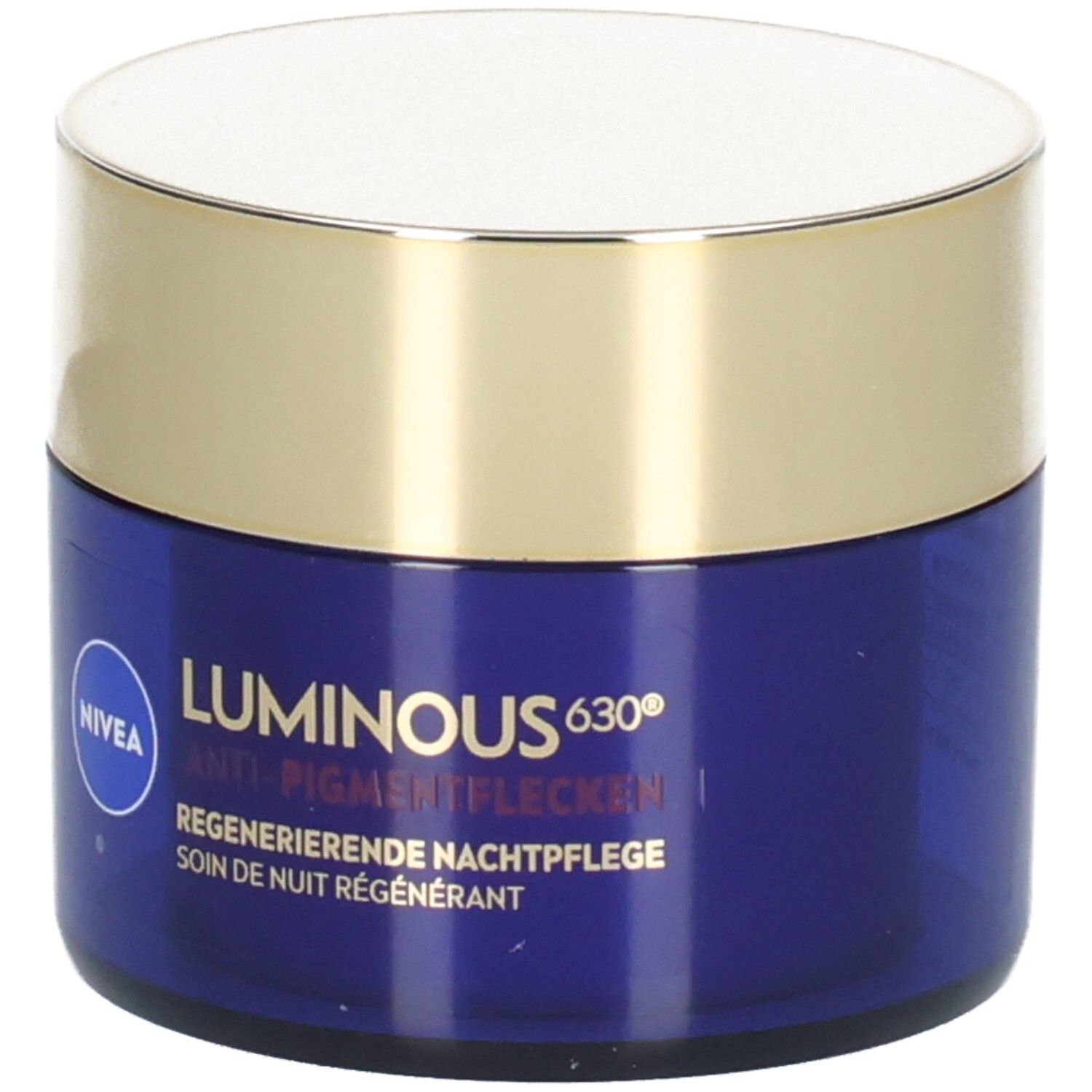 Blaue Creme-Dose mit goldenem Deckel. Aufschrift: NIVEA Luminous 630 Anti-Pigmentflecken Regenerierende Nachtpflege.