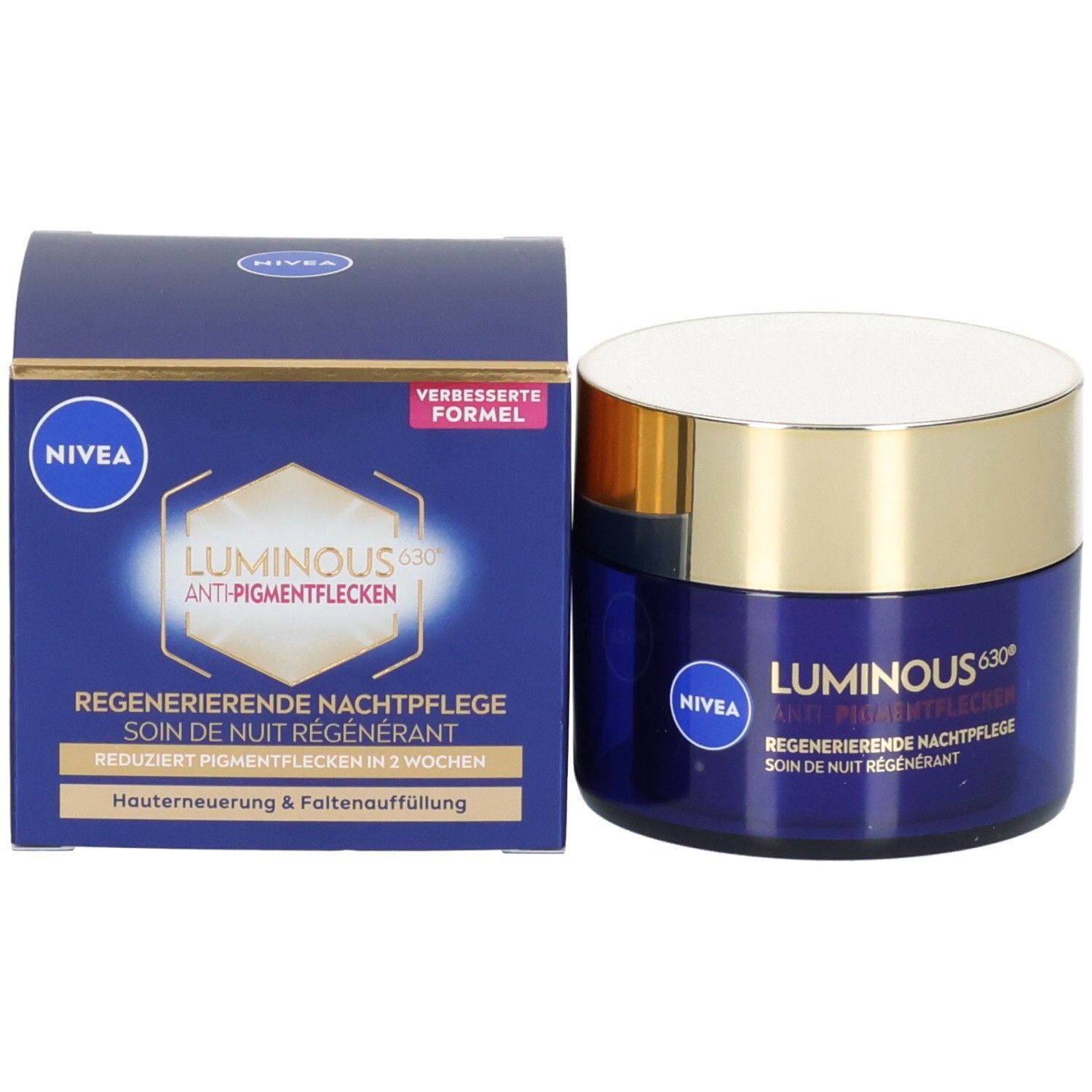 Blaue Creme-Dose und Schachtel. Aufschrift: NIVEA Luminous 630 Anti-Pigmentflecken Regenerierende Nachtpflege. Verbessert Formel.