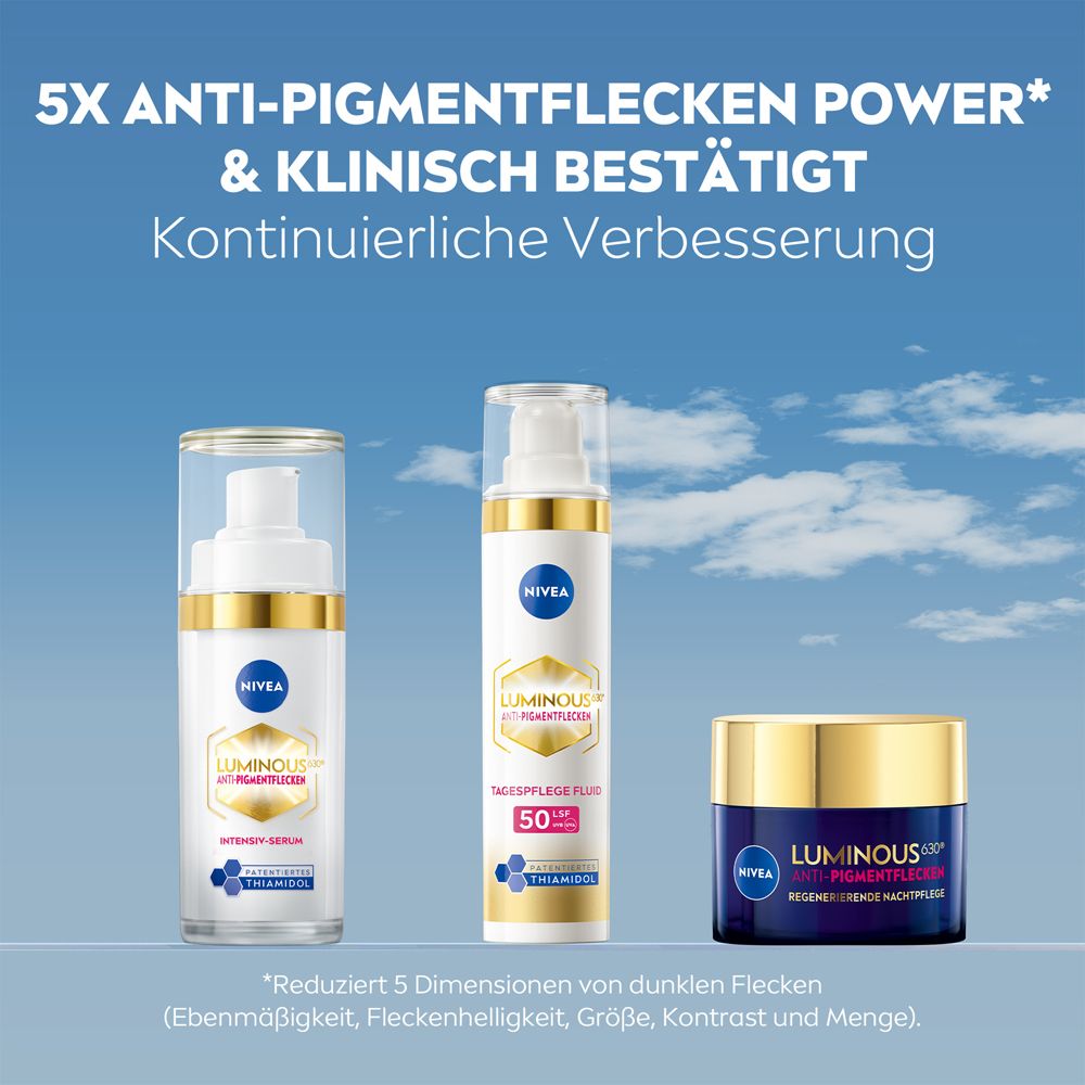 Drei NIVEA LUMINOUS630® Produkte: Serum, Tagespflege LSF 50 und Nachtpflege.