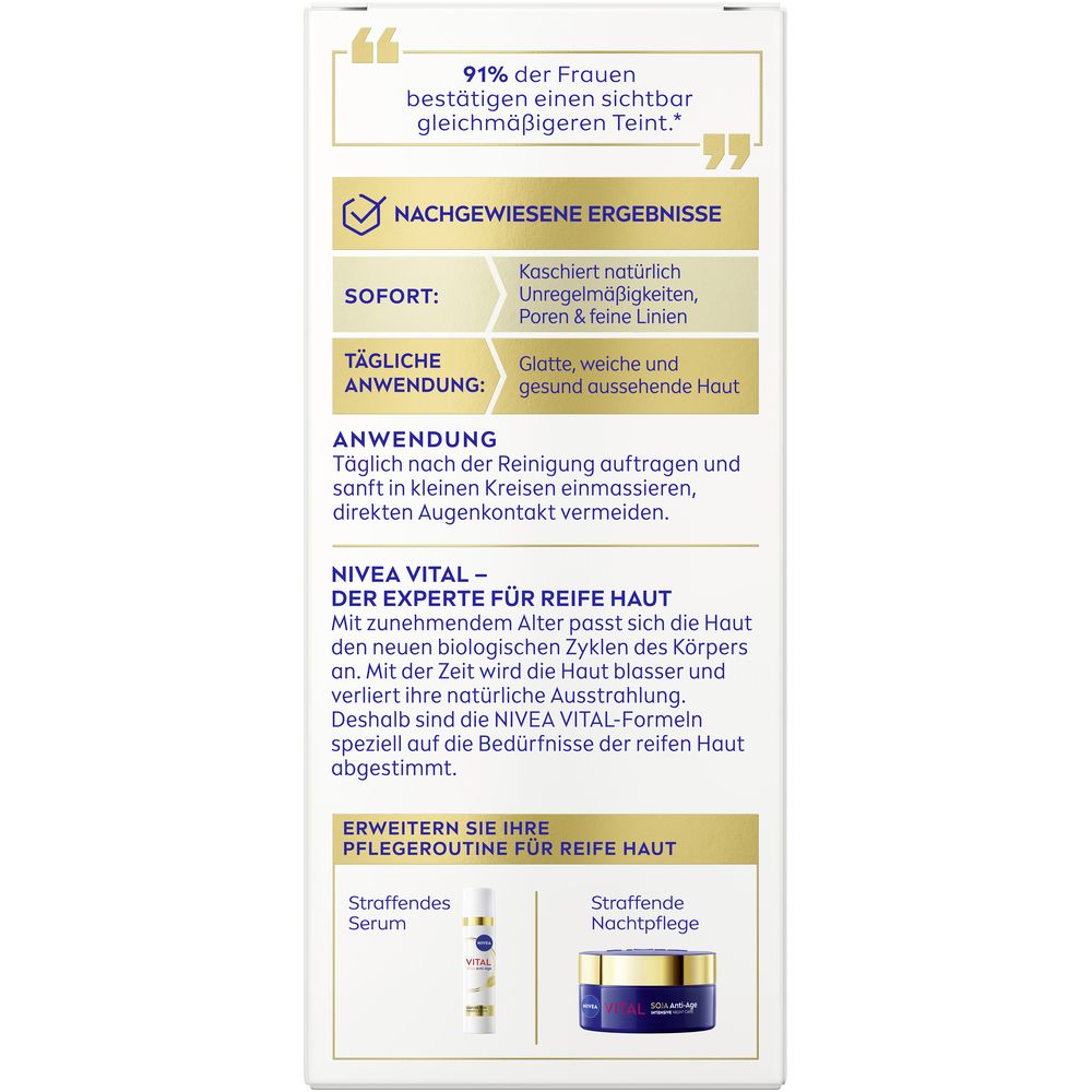 Rückseite der NIVEA VITAL BB Creme Verpackung. Text über Ergebnisse, Anwendung und Inhaltsstoffe.