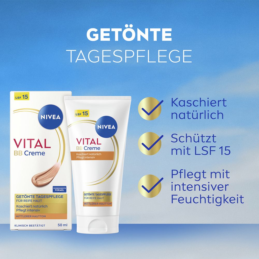 NIVEA VITAL getönte Tagespflege. Tube und Verpackung. Text: Kaschiert natürlich, schützt mit LSF 15.