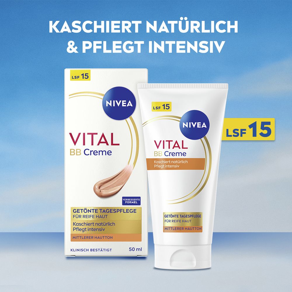 NIVEA VITAL BB Creme, getönte Tagespflege. Tube und Verpackung. Text: Kaschiert natürlich & pflegt intensiv. LSF 15.