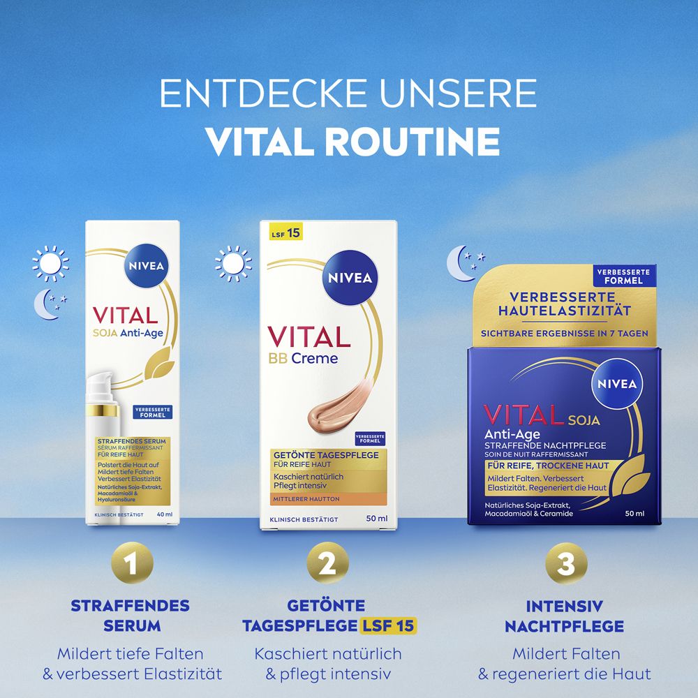 NIVEA VITAL Routine. 3 Produkte: Serum, BB Creme, Nachtpflege. BB Creme: getönte Tagespflege LSF 15.