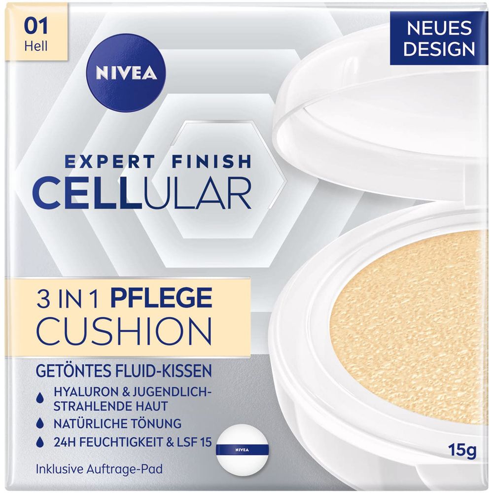 NIVEA CELLULAR Expert Finish 3in1 Pflege Cushion Hell (01) in Verpackung. Getöntes Fluid-Kissen mit Hyaluron.