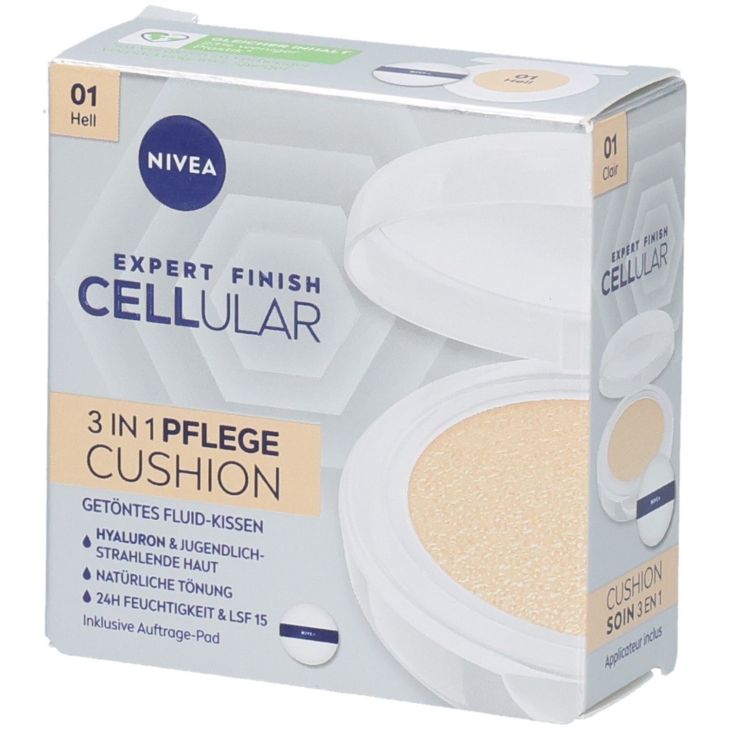 NIVEA CELLULAR Expert Finish 3in1 Pflege Cushion Hell. Verpackung mit Produkt und Applikator. Hellbeige Farbton. Sichtbare Schriftzüge.