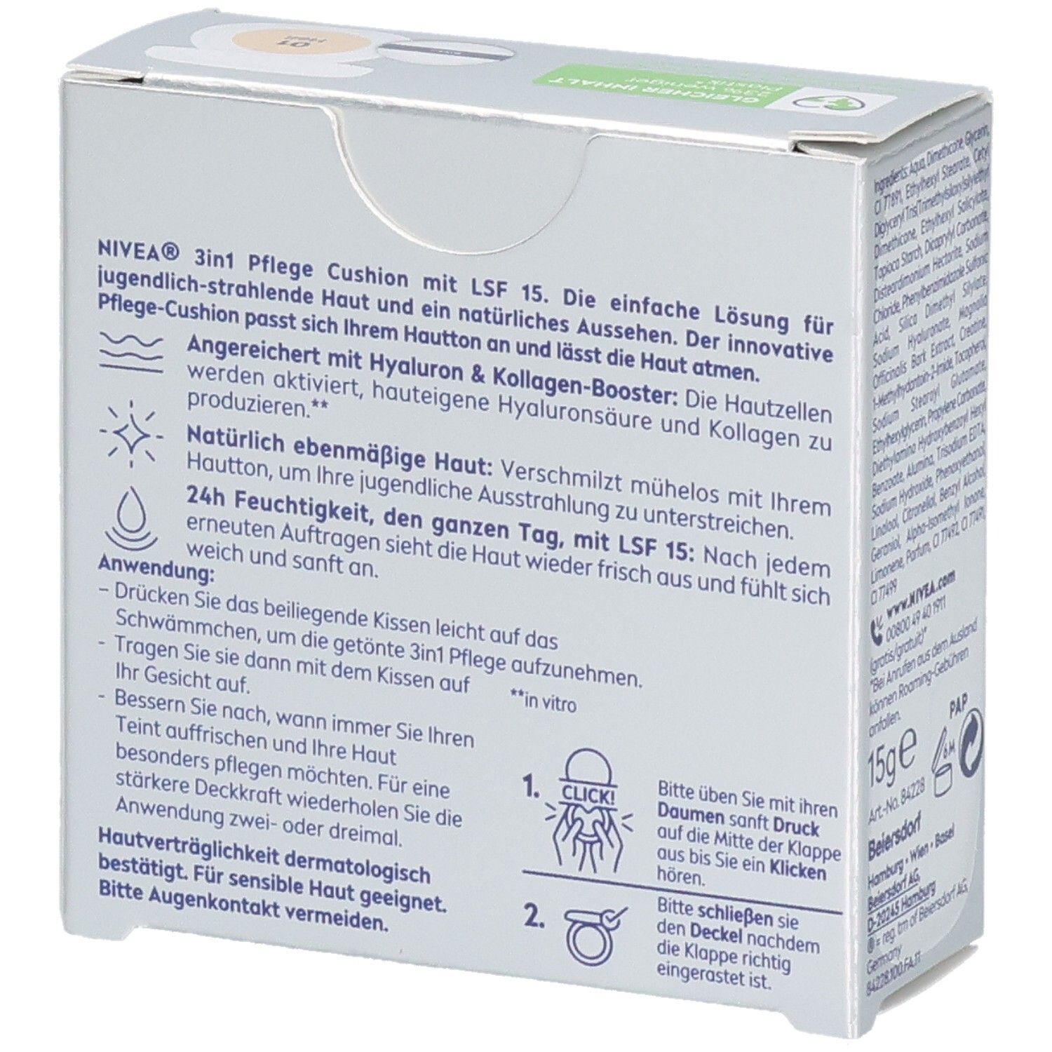 NIVEA CELLULAR 3in1 Pflege Cushion Hell Verpackung, Rückseite. Produktinformationen und Anwendungshinweise. Hellbeige Farbton.