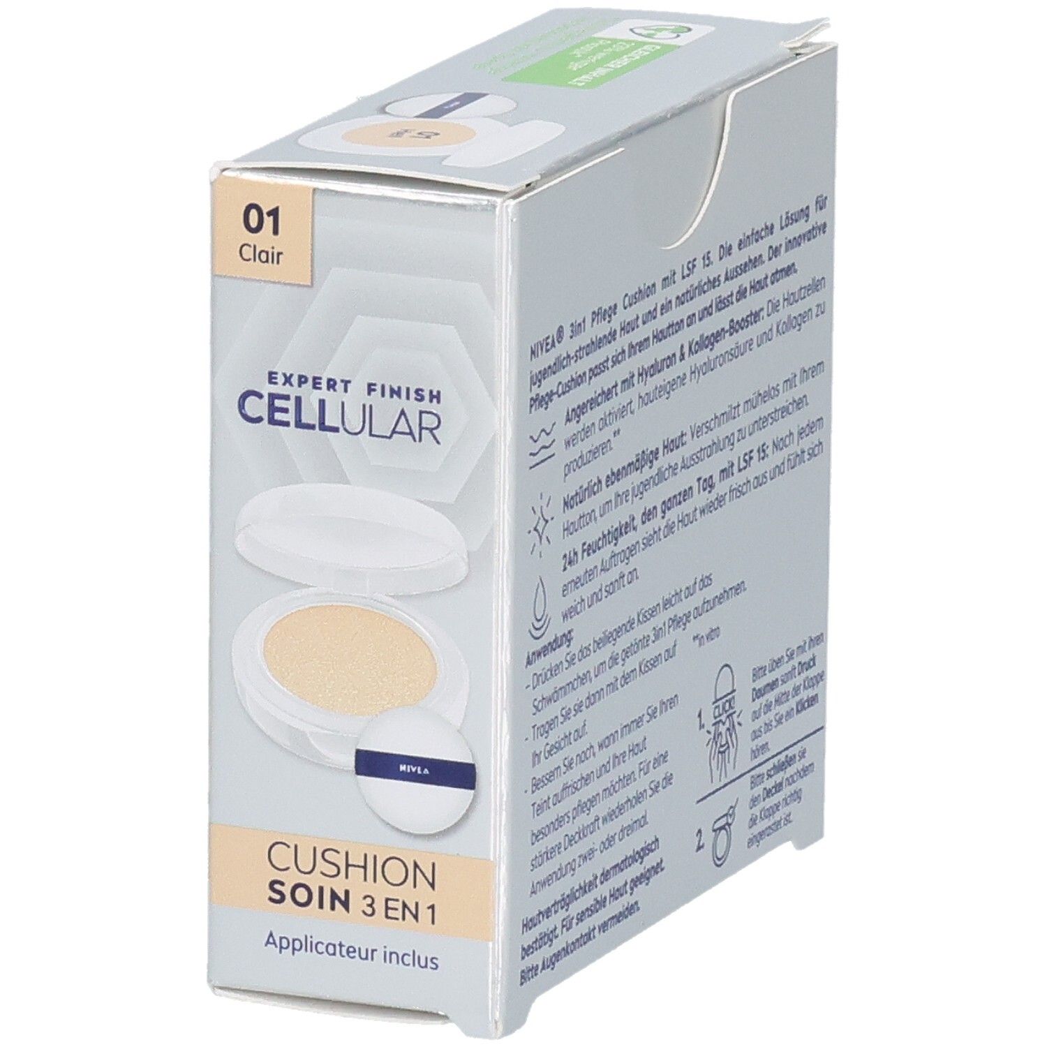 NIVEA CELLULAR Expert Finish 3in1 Pflege Cushion Clair. Verpackung mit Produkt und Applikator. Helle Farbton. Sichtbare Schriftzüge.