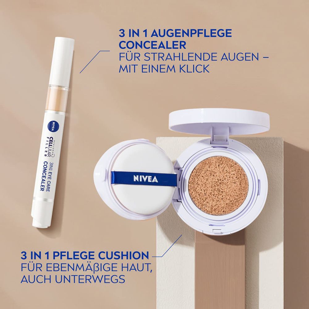 NIVEA CELLULAR Expert Finish 3in1 Pflege Cushion und Concealer. Getöntes Fluid-Kissen und Augenpflege-Concealer.