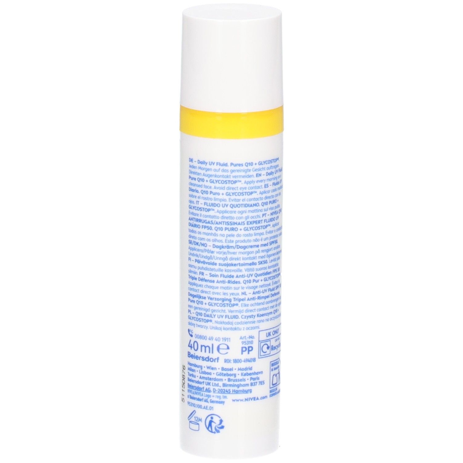 Weiße Flasche mit gelbem Streifen. Text auf der Rückseite. 40ml. NIVEA.