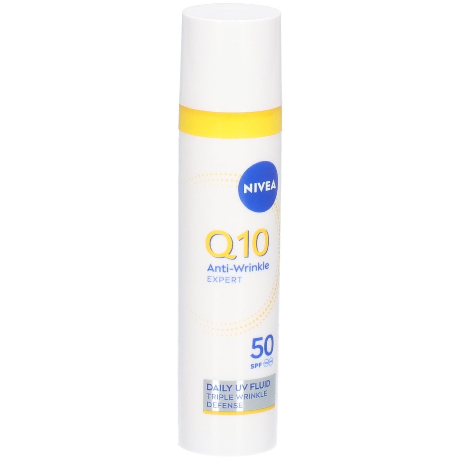Weiße Flasche mit gelbem Streifen. NIVEA Q10 Anti-Falten EXPERTE, UV-Fluid LSF 50.