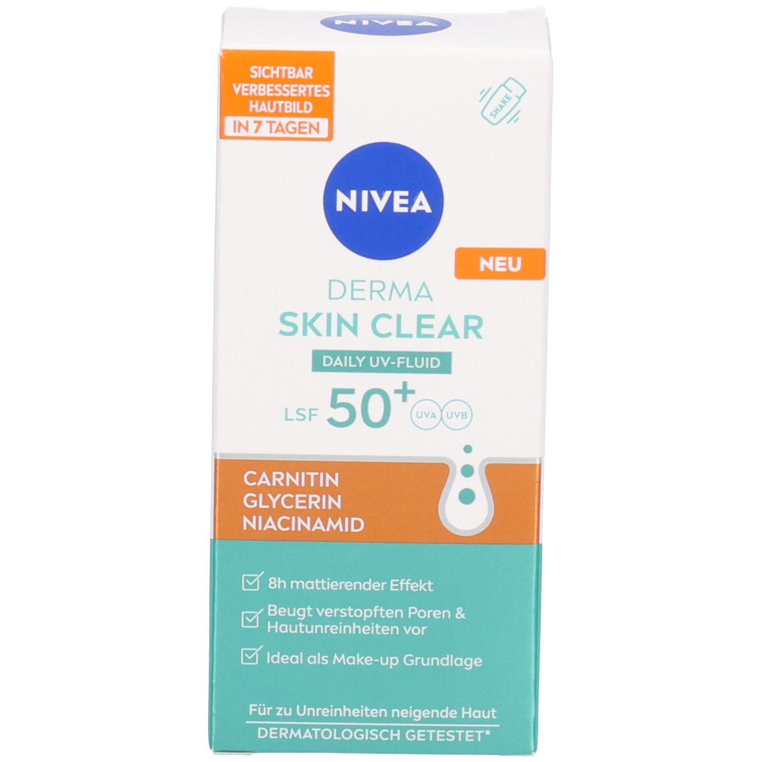 Produktverpackung. Text: NIVEA, DERMA SKIN CLEAR, DAILY UV-FLUID, LSF 50+. Sichtbar verbessertes Hautbild in 7 Tagen. Neu.