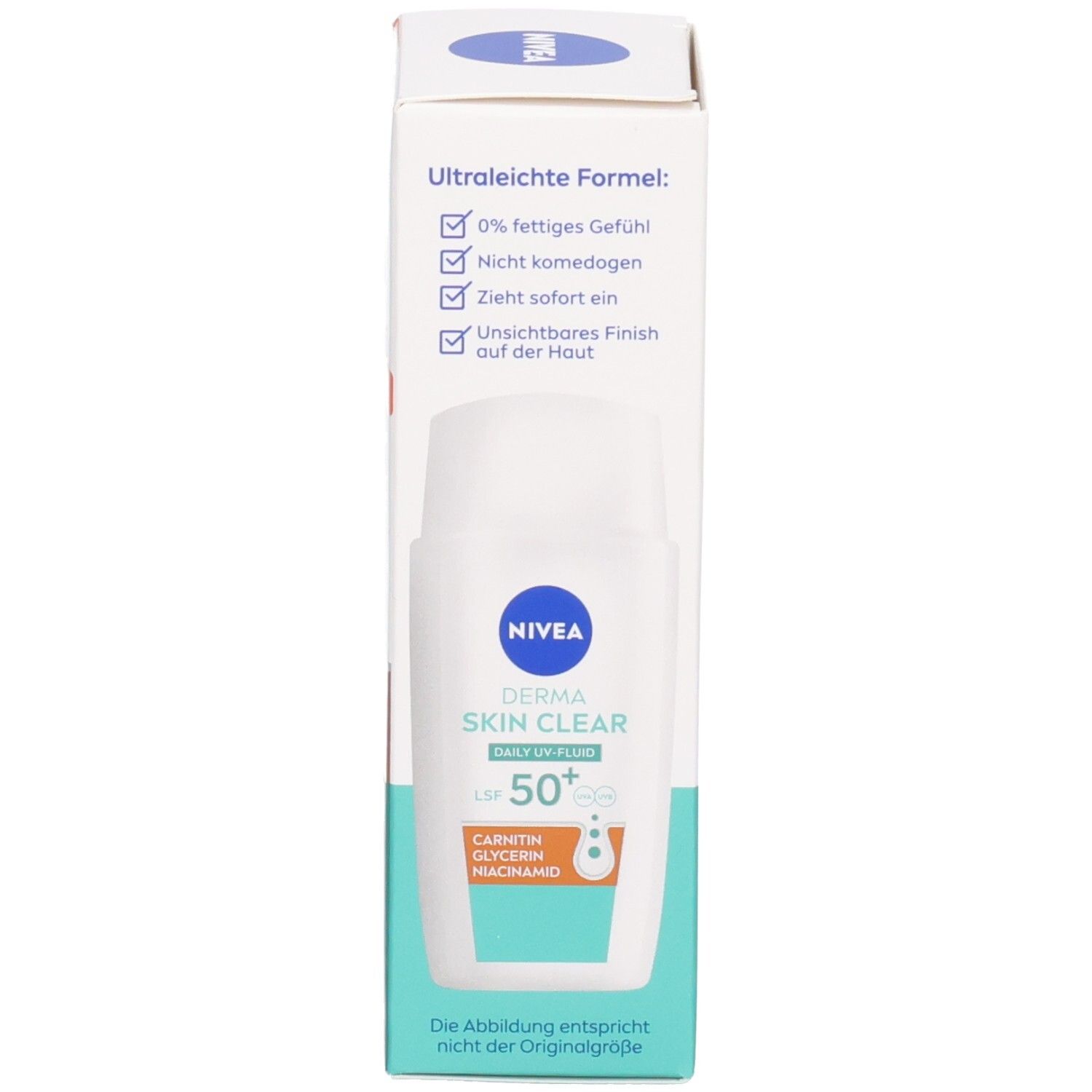Verpackung mit Flasche. Text: NIVEA, DERMA SKIN CLEAR, DAILY UV-FLUID, LSF 50+. Ultraleichte Formel. Nicht komedogen.