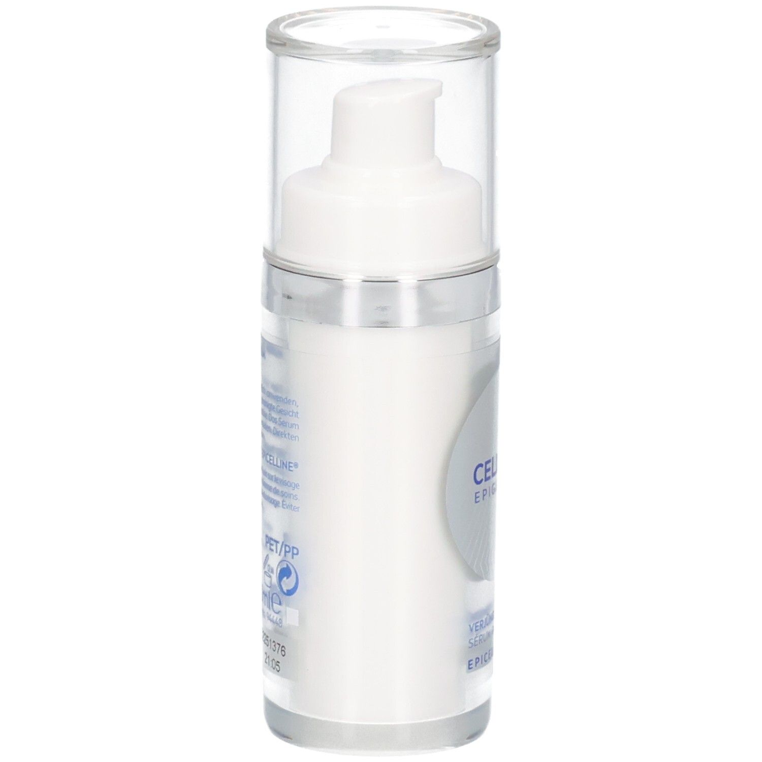 Weißer Serum-Flakon mit Pumpe und transparentem Deckel. Rückseite mit Text und Logos.