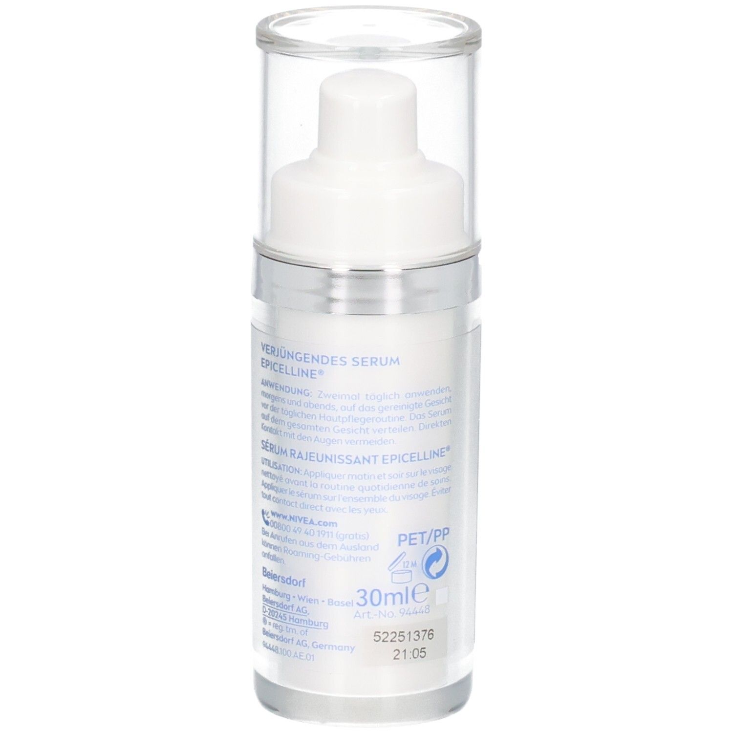 Weißer Serum-Flakon mit Pumpe und transparentem Deckel. Rückseite mit Text, 30ml-Angabe und Logos.