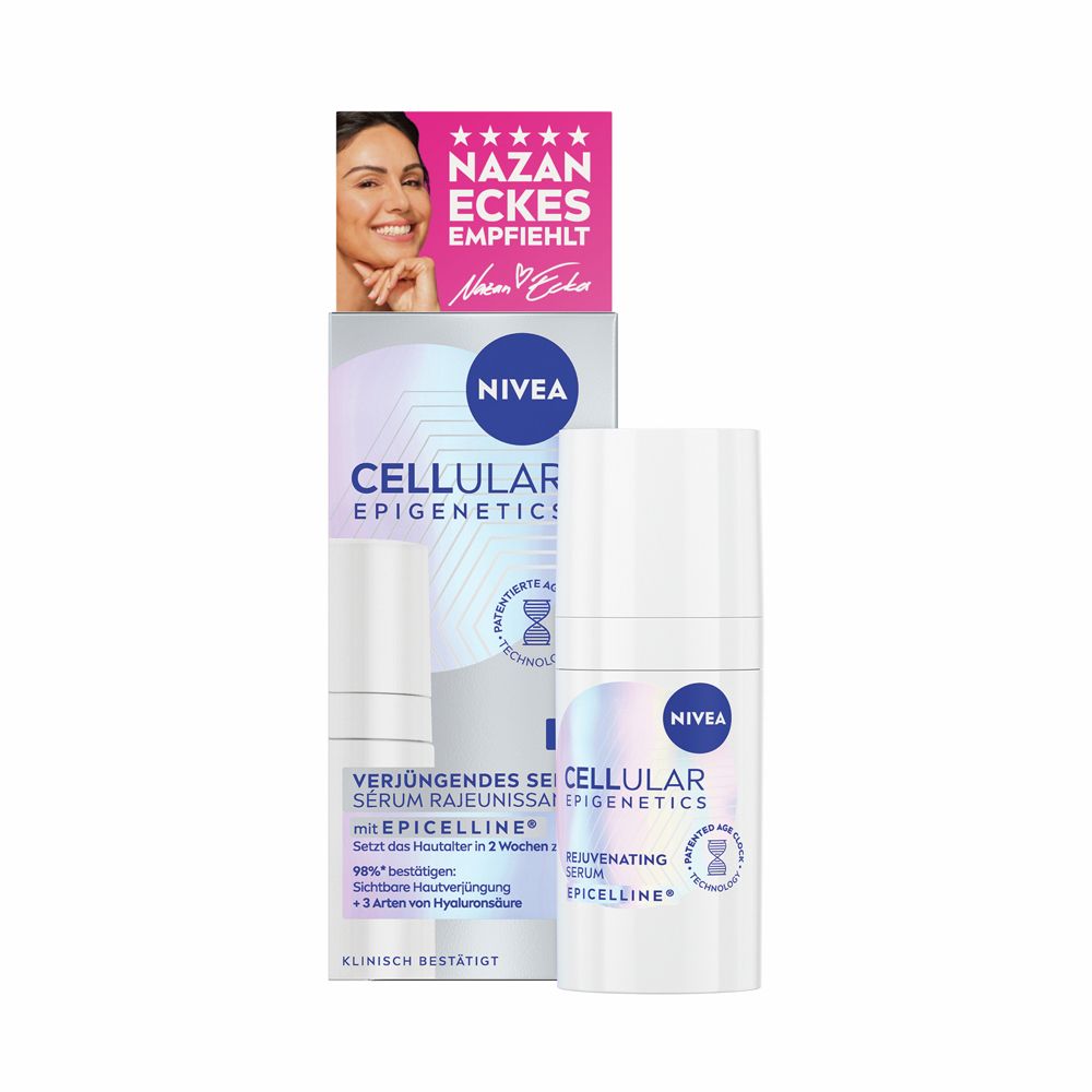 NIVEA CELLULAR Epigenetics Serum und Verpackung. Flasche und Schachtel mit Produktinformationen und Nazan Eckes.