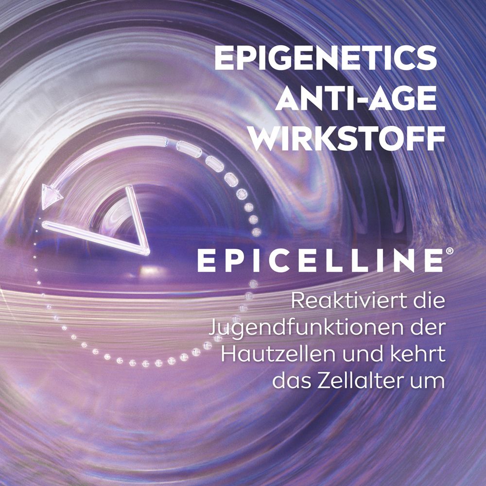 Abstrakte Darstellung von Epigenetics Anti-Age Wirkstoff. Text: Reaktiviert die Jugendfunktionen der Hautzellen.