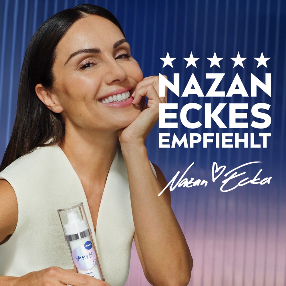 Frau mit Serumflasche. Text: Nazan Eckes empfiehlt. Sterne.