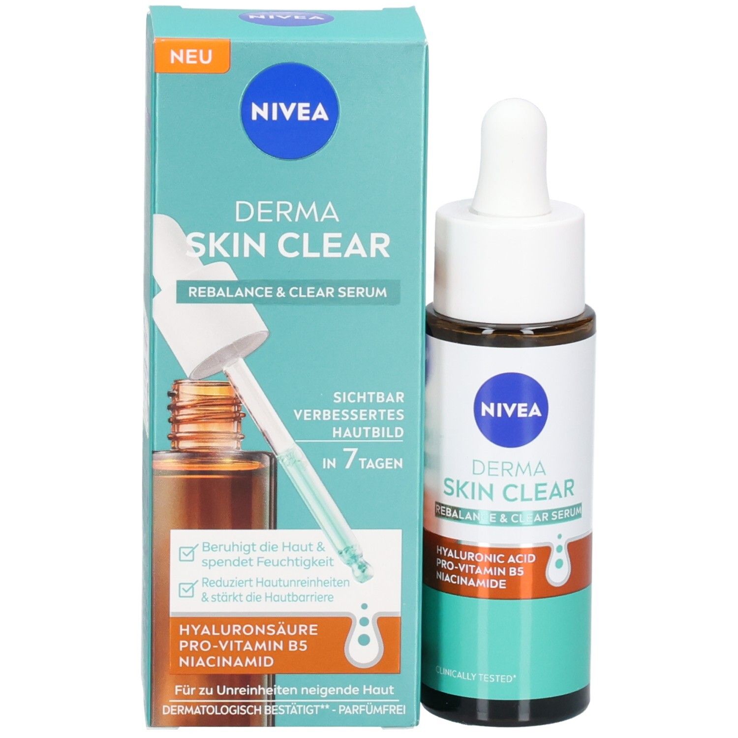Produktverpackung und Serumflasche. Karton, Flasche mit Pipette. Text: NIVEA DERMA SKIN CLEAR, Serum.