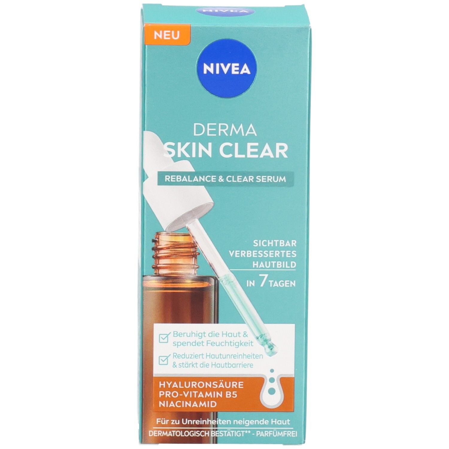 Produktverpackung und Serumflasche. Karton, Flasche mit Pipette. Text: NIVEA DERMA SKIN CLEAR, Serum.