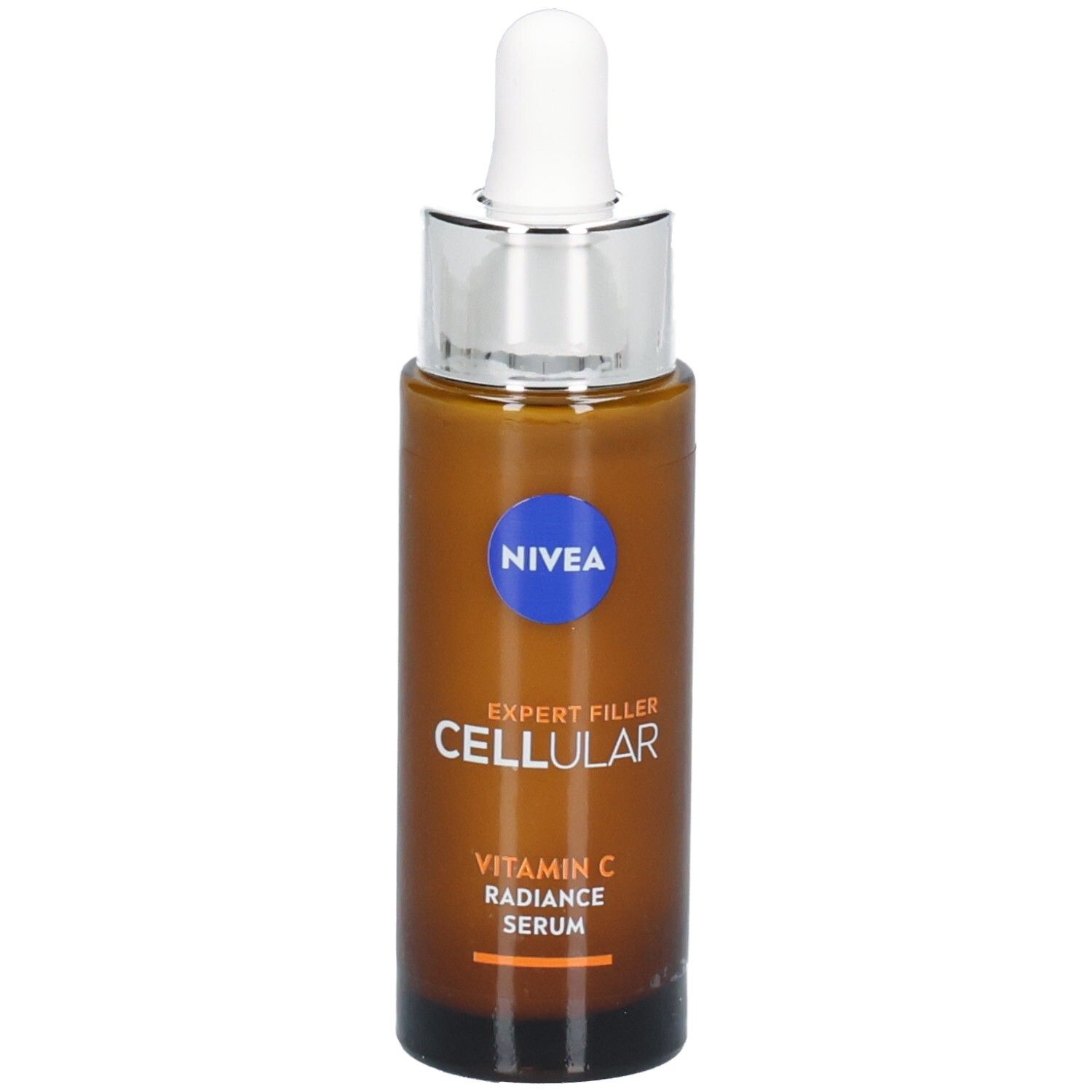 Braune Glasflasche mit silbernem Deckel und Pipette. Aufschrift: NIVEA, EXPERT FILLER CELLULAR, Vitamin C Radiance Serum.