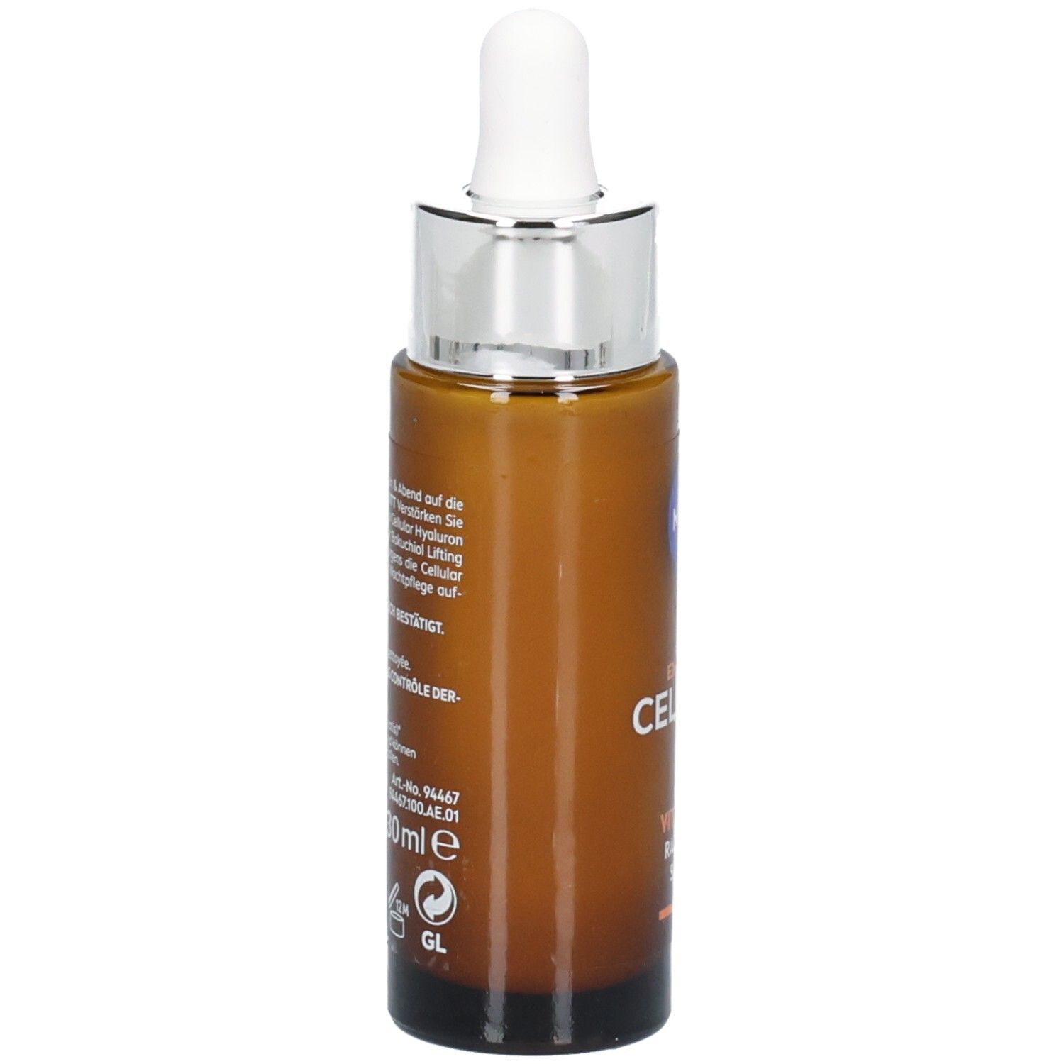 Braune Glasflasche mit silbernem Deckel und Pipette. Rückseite mit Text. Aufschrift: CELLULAR, 30ml, NIVEA.