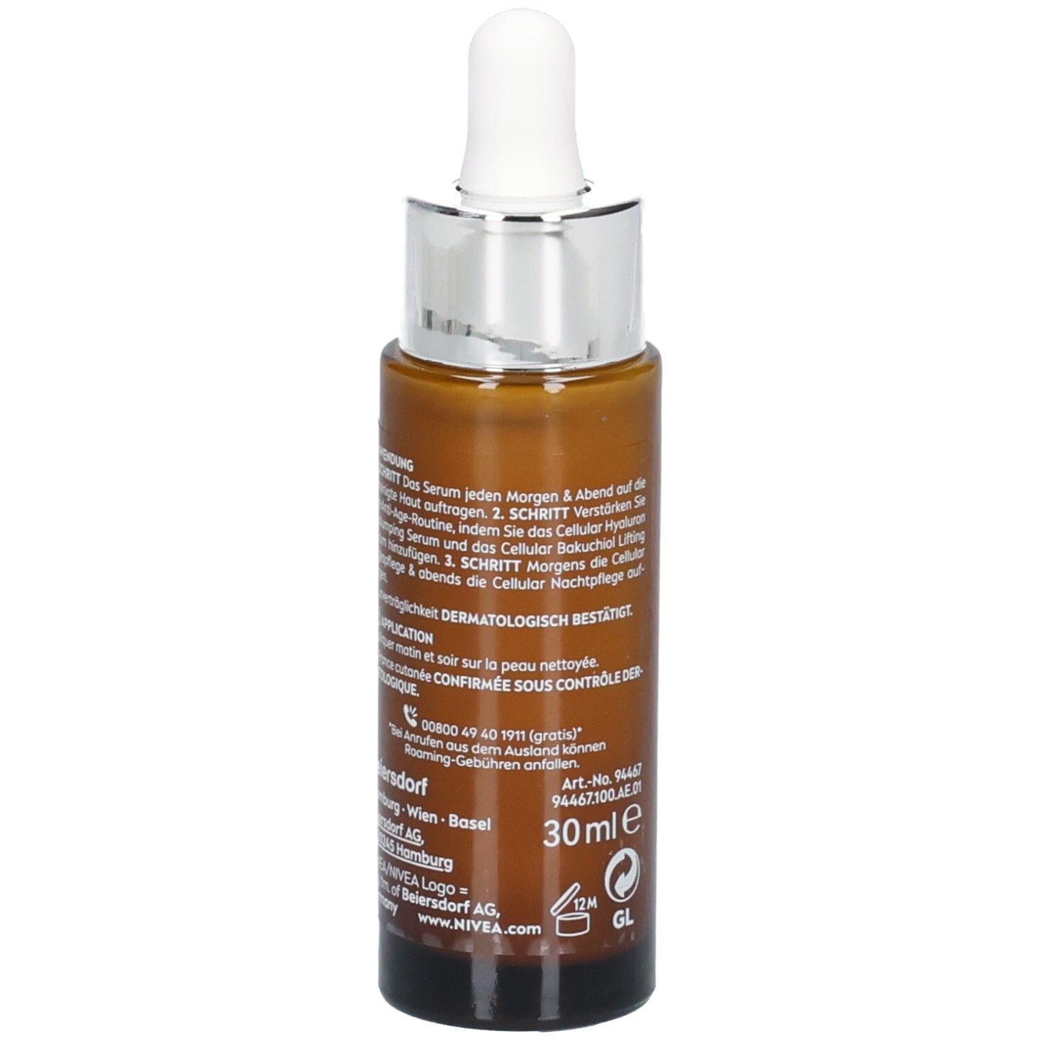 Braune Glasflasche mit silbernem Deckel und Pipette. Rückseite mit Text. Aufschrift: CELLULAR, 30ml, NIVEA.