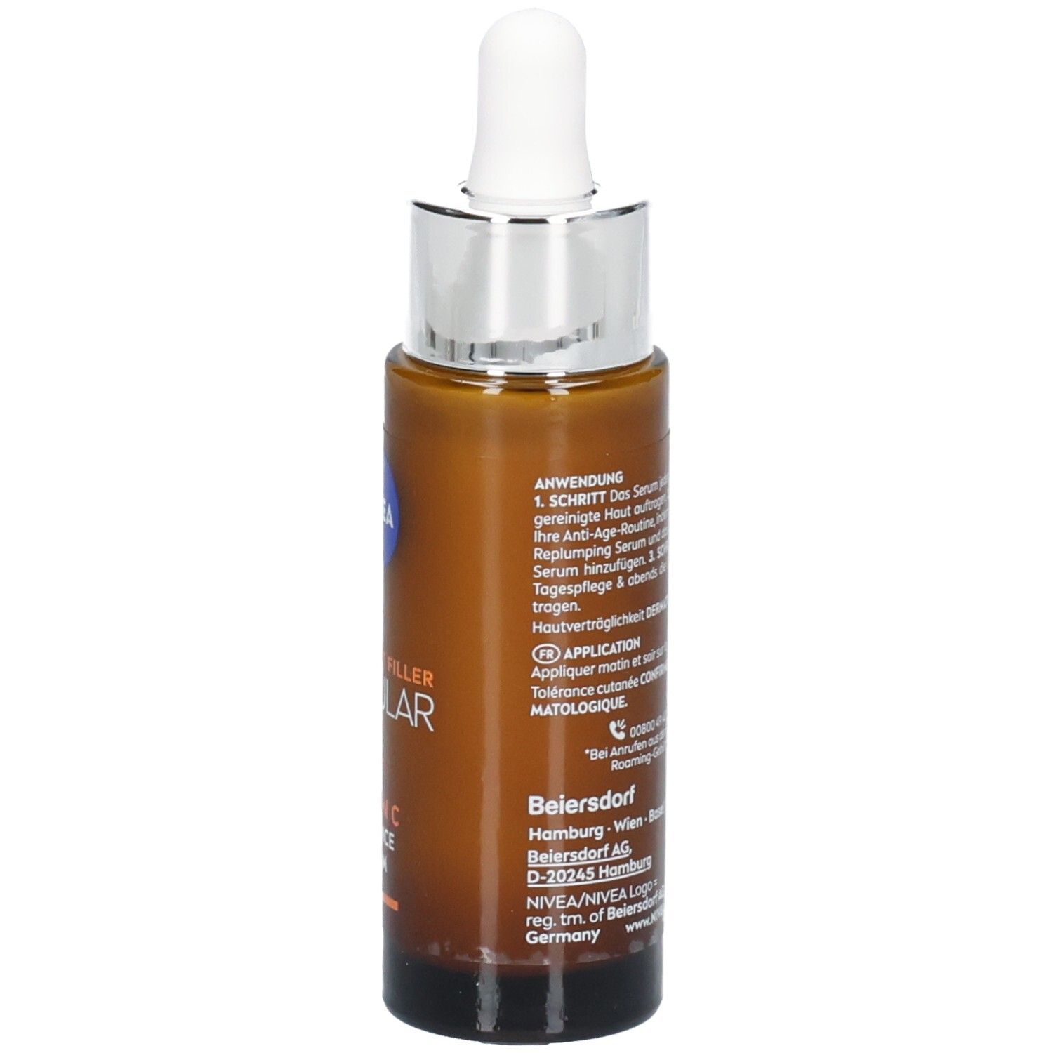 Braune Glasflasche mit silbernem Deckel und Pipette. Rückseite mit Text. Aufschrift: CELLULAR, NIVEA.