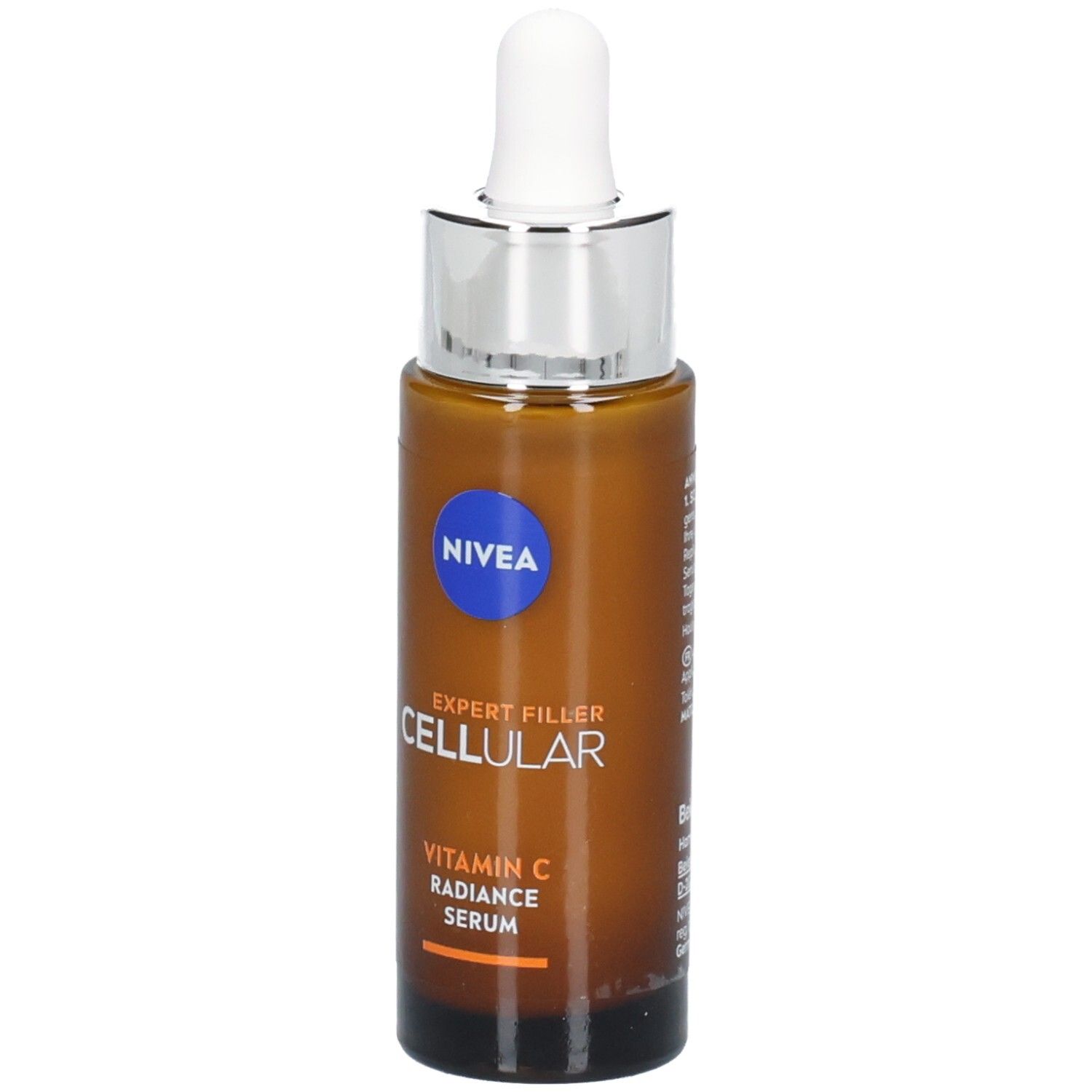 Braune Glasflasche mit silbernem Deckel und Pipette. Aufschrift: NIVEA, EXPERT FILLER CELLULAR, Vitamin C Radiance Serum.