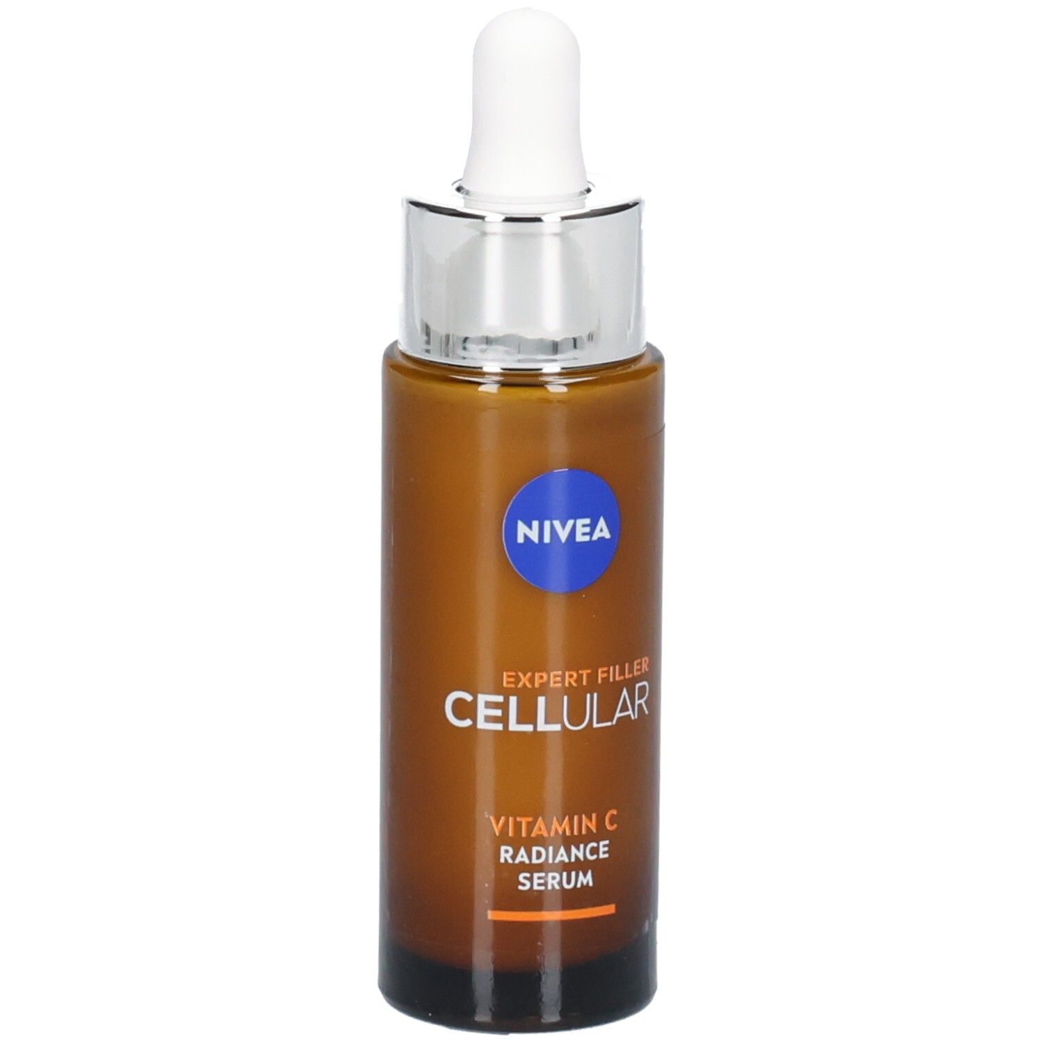 Braune Glasflasche mit silbernem Deckel und Pipette. Aufschrift: NIVEA, EXPERT FILLER CELLULAR, Vitamin C Radiance Serum.