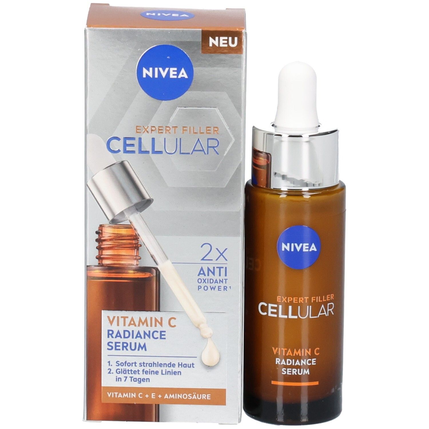 Produktverpackung mit Flasche und Pipette. Aufschrift: NIVEA, EXPERT FILLER CELLULAR, Vitamin C Radiance Serum. Neu.